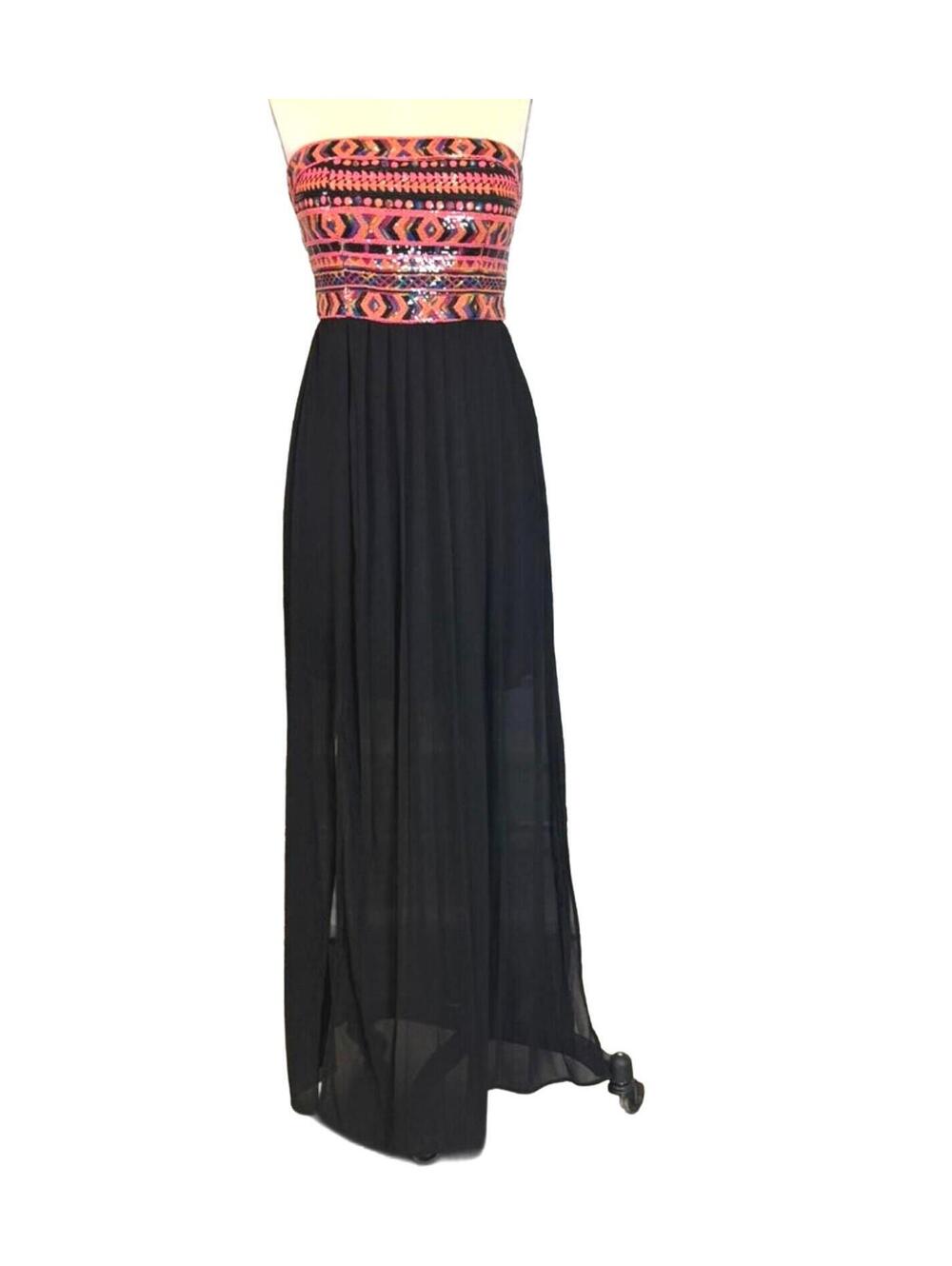 GIANI BINI M FORMAL PROM MAXI STRAPLESS MULTICOLOR SEQUIN BLACK CHIFFON NWOT